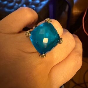 David Yurman 20 MM Blue Topaz & Diamond Cushion On Point Ring